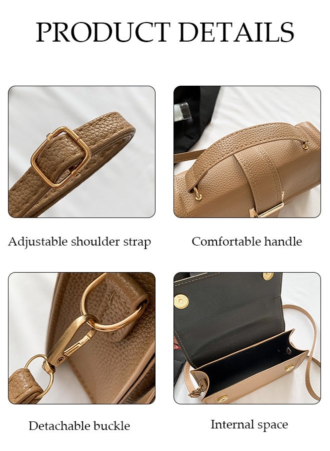 DUNISO Vintage Leather Flap Handbag, Simple Classic Crossbody Bag With Adjustable Shoulder Strap, Women's Leather Wristlet Shoulder Bag For Travel, Shopping, Khaki - Image 3