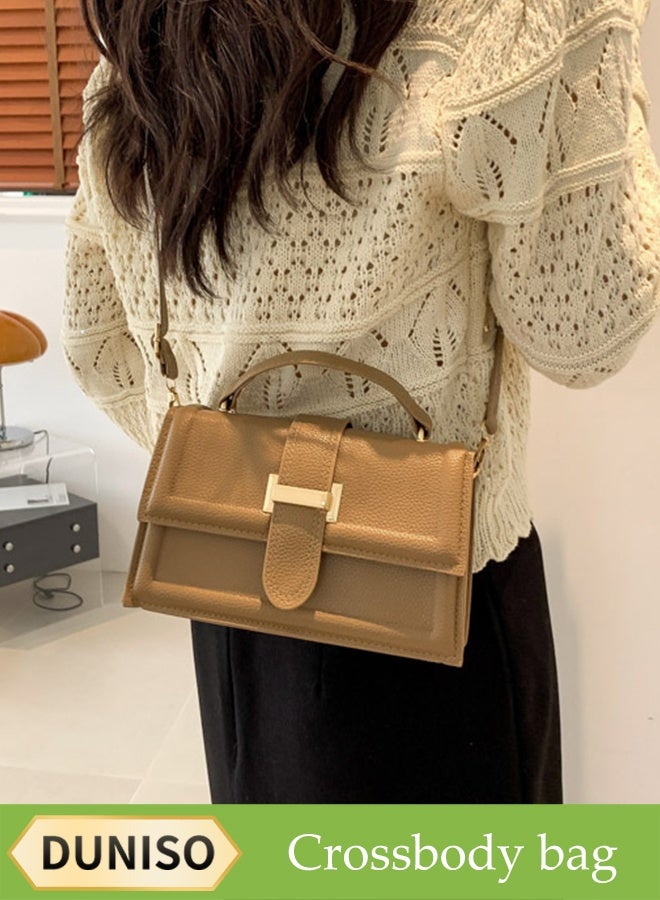 DUNISO Vintage Leather Flap Handbag, Simple Classic Crossbody Bag With Adjustable Shoulder Strap, Women's Leather Wristlet Shoulder Bag For Travel, Shopping, Khaki - Image 1