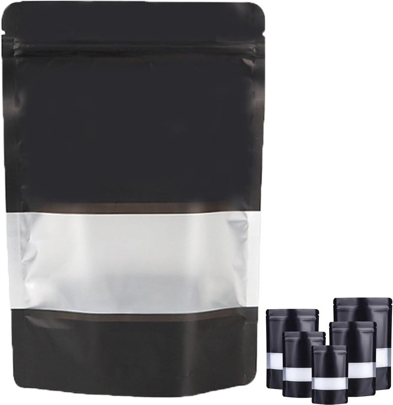 ChicAbode 100 Pack Stand-Up Pouch Bags, Black Mylar Bags with Window, Smell-Proof Ziplock Foil Pouches for Food Storage and Packaging (Black, 10 x 15 cm) - Image 1