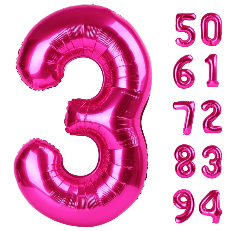 IWERP Hot Pink 3 Balloon, Number Balloons 40 Inch, 3rd Birthday Decorations for Kids Girls Women Party Supplies for Party Decorations, Number 3 Balloon - Image 1