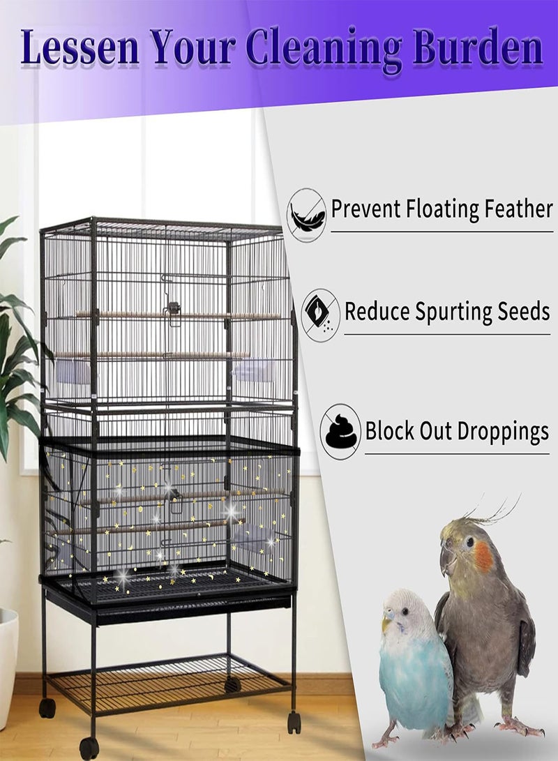 GGOOT Adjustable Bird Cage Cover,  Bird Cage Seed Catcher, Large Soft Nylon Mesh Net with Twinkle Moon Star, Birdcage Cover Skirt Seed Guard for Parrot Parakeet Macaw Round Square Cages (Black) - Image 2