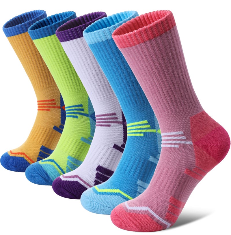 FNOVCO Women's Hiking Walking Running Crew Socks Thick Cushioned Athletic Compression Socks 5 Pairs (Multicolor 02, 9-11) - Image 1