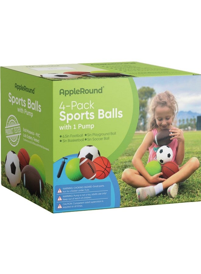 AppleRound Pack of 4 Sports Balls with 1 Pump for Toddlers and Kids: 1 Each of 5-Inch Soccer Ball, Basketball, Playground Ball, and 6.5-Inch Football - Image 2