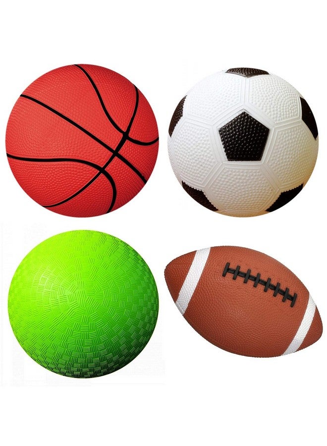 AppleRound Pack of 4 Sports Balls with 1 Pump for Toddlers and Kids: 1 Each of 5-Inch Soccer Ball, Basketball, Playground Ball, and 6.5-Inch Football - Image 1