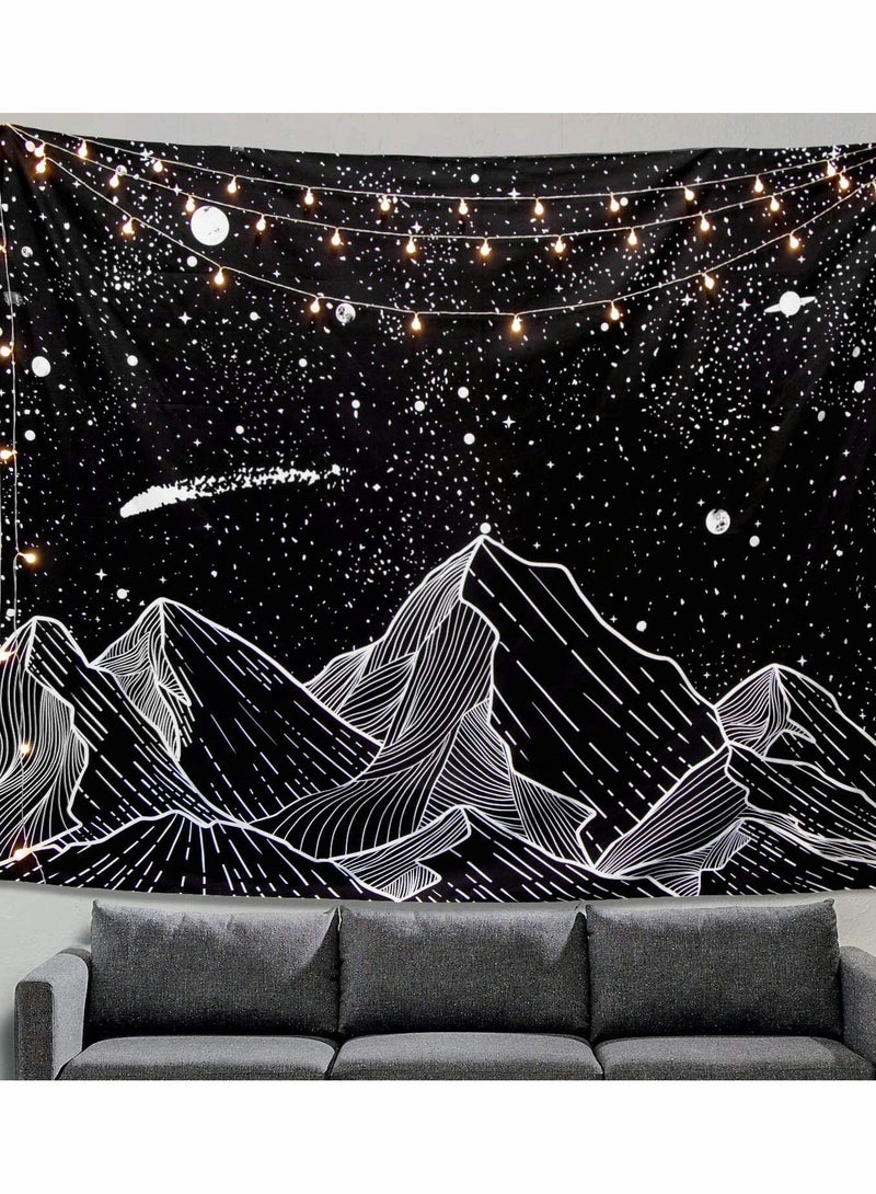 Luckam Mountain Moon Tapestry Wall Hanging Black and White Nature Starry Night Sky Stars Tapestry with Meteor and Galaxy Bedroom Home Wall Decor Printed Tapestry 50 Inch x 60 Inch - Image 1