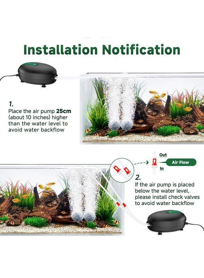 AQQA AQQA Air Pump for Aquarium Aerator Pump 2 Outlets Fish Tank Air Pump Ultra-Quiet Adjustable Oxygen Pump Bubblers with Air Stone Tubes Check Valves for Hydroponic Fish Tanks (5W for Up to 100 Gal Tank) - Image 5