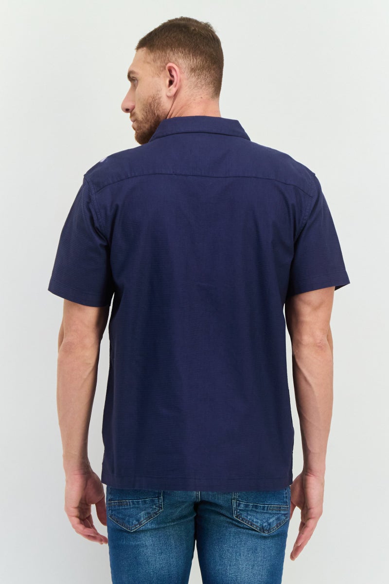 Algspar Men Regular Fit Textured Short Sleeves Casual Shirt, Navy - Image 2