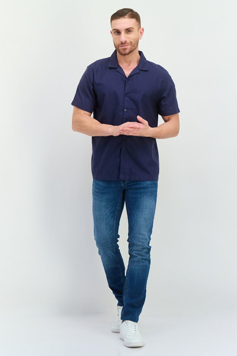 Algspar Men Regular Fit Textured Short Sleeves Casual Shirt, Navy - Image 3