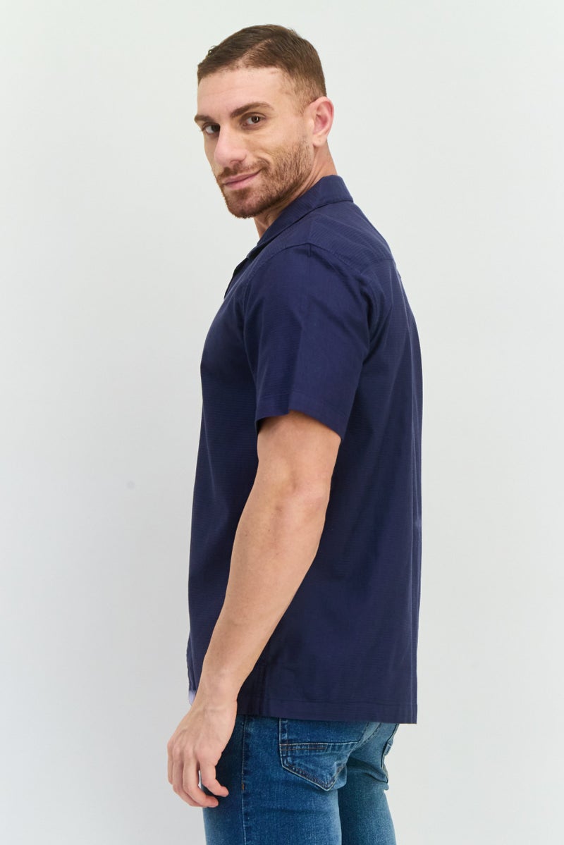 Algspar Men Regular Fit Textured Short Sleeves Casual Shirt, Navy - Image 4