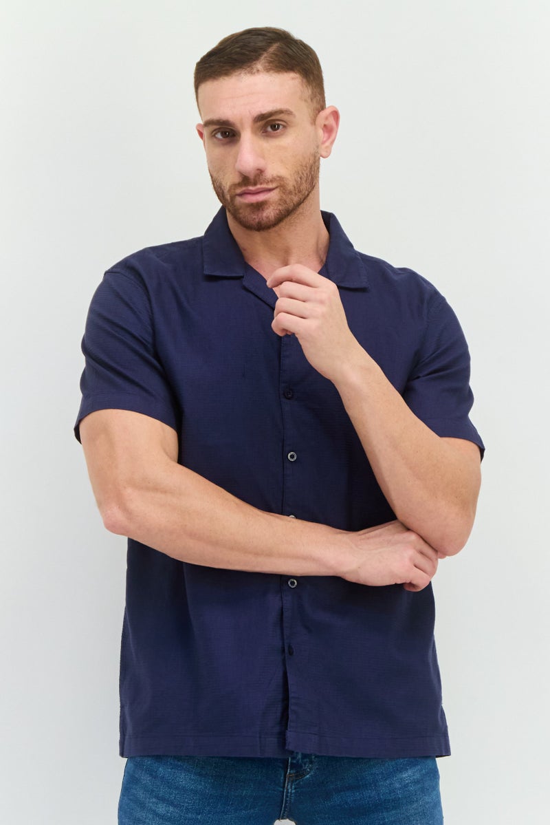 Algspar Men Regular Fit Textured Short Sleeves Casual Shirt, Navy - Image 1