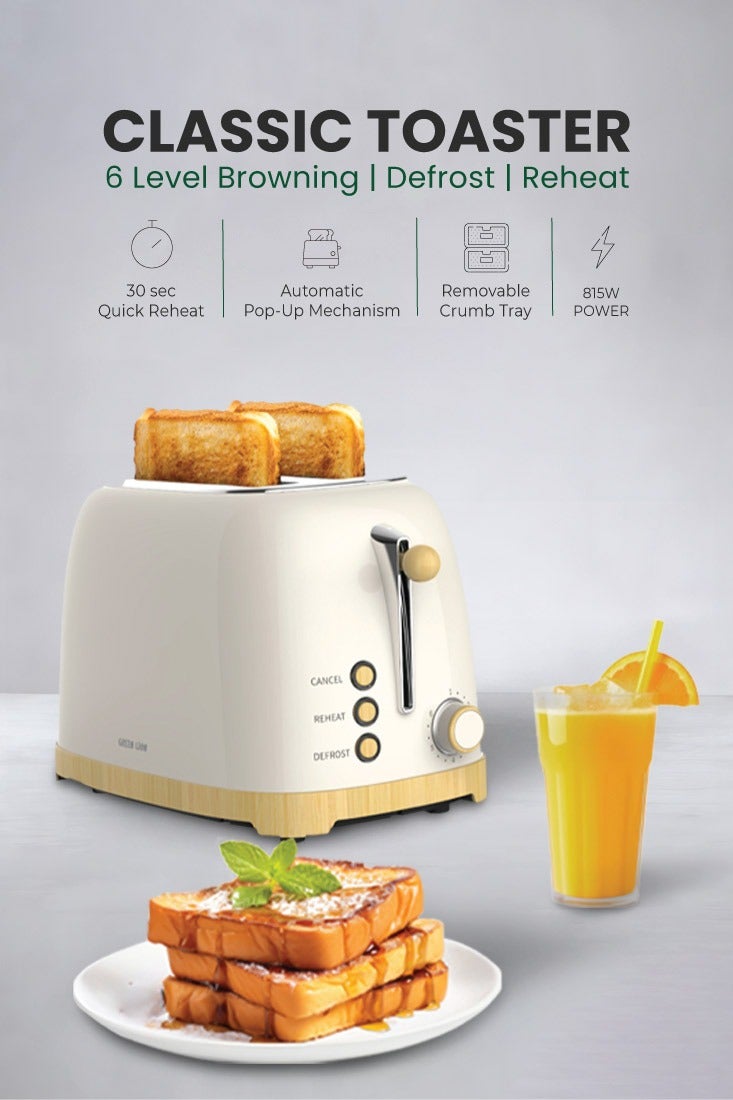 GREEN LION 2-Slice Toaster with 6-Level Browning | Defrost | Reheat / Removable Crumb Tray / Quick Reheat / Cancel Button / High Lift Lever / 815W Power - Beige - Image 2