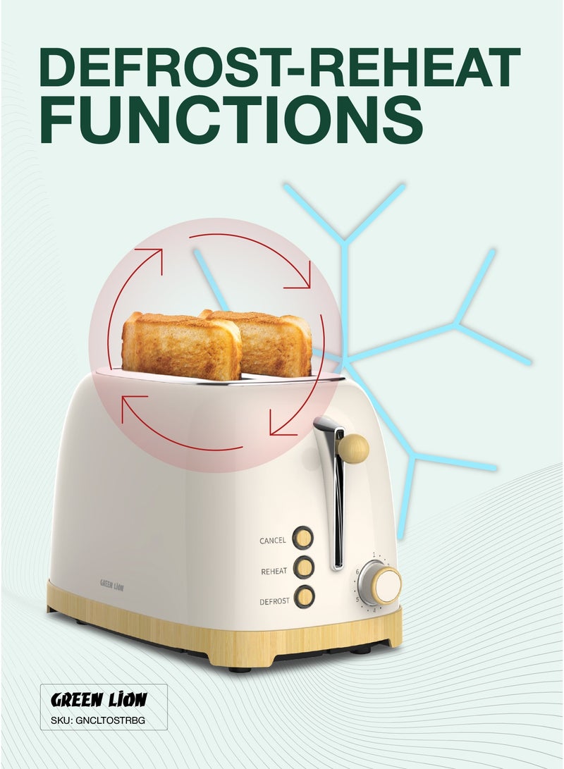 GREEN LION 2-Slice Classic Toaster with 6-Level Browning | Defrost | Reheat / Removable Crumb Tray / Quick Reheat / Cancel Button / High Lift Lever / 815W Power / Retro Design - Beige - Image 4