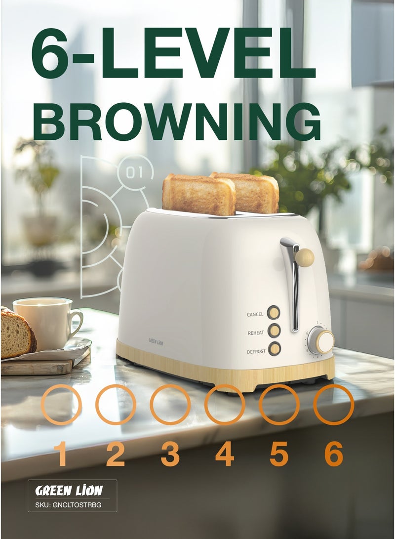 GREEN LION 2-Slice Classic Toaster with 6-Level Browning | Defrost | Reheat / Removable Crumb Tray / Quick Reheat / Cancel Button / High Lift Lever / 815W Power / Retro Design - Beige - Image 3
