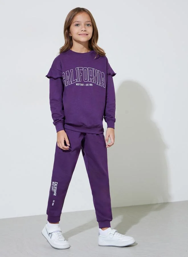 Styli Purple Graphic Print Regular Fit Sweatshirt and Joggers Set