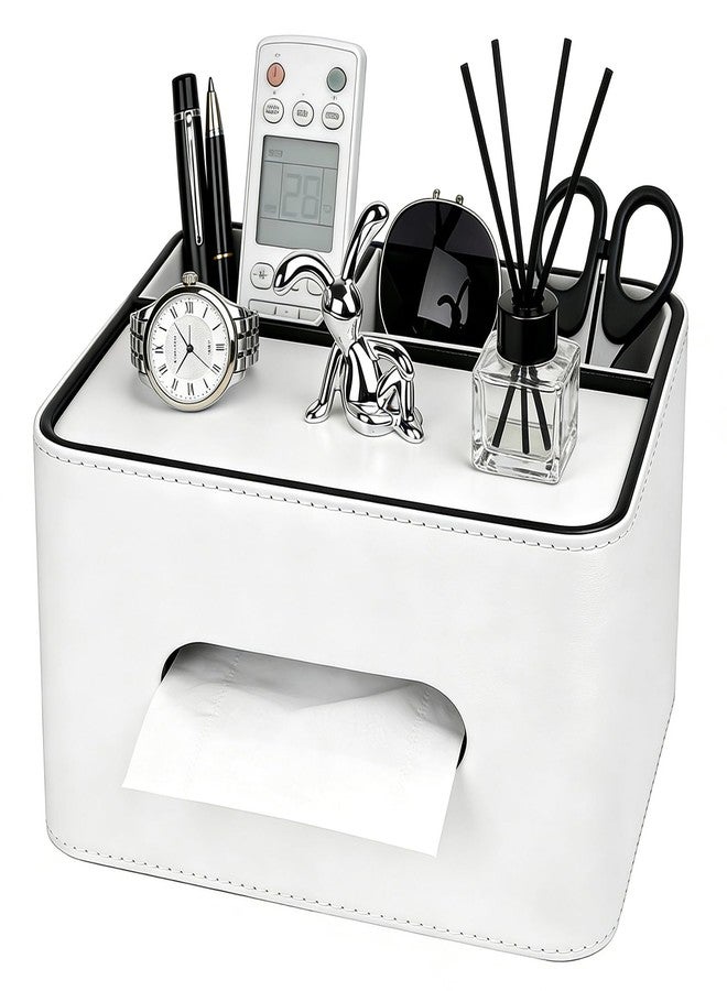 Lixintray PU Leather Tissue Box Cover Rectangle - Multifunctional Tissue Box Holder with Storage, Tissue and Remote Control Holder Organizer with Compartments for Bedroom Nightstand, Desk, Living Room (White) - Image 1