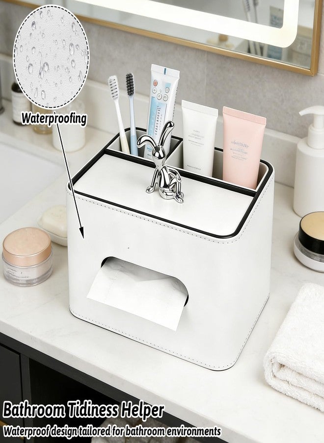 Lixintray PU Leather Tissue Box Cover Rectangle - Multifunctional Tissue Box Holder with Storage, Tissue and Remote Control Holder Organizer with Compartments for Bedroom Nightstand, Desk, Living Room (White) - Image 4