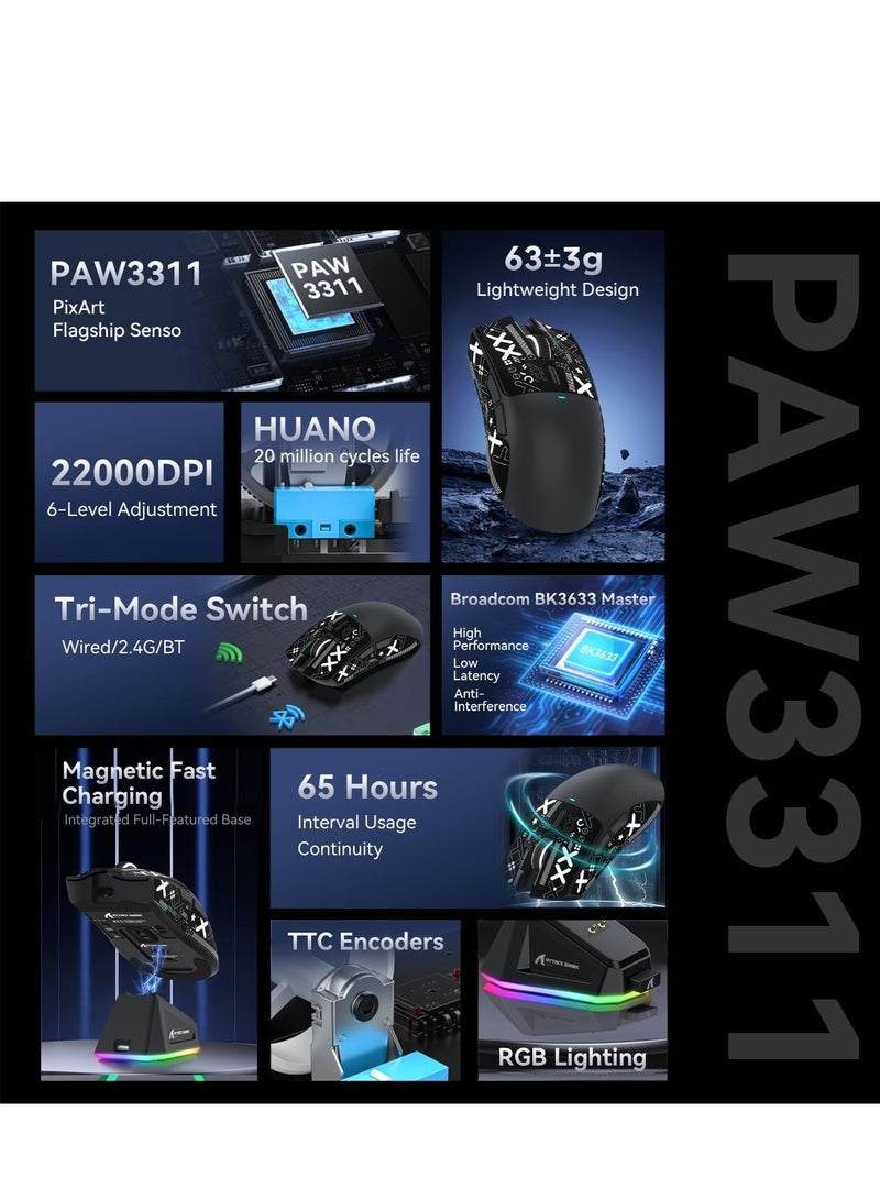 هجوم القرش ماوس ألعاب لاسلكي X11 ثلاثي الأوضاع مزود بقاعدة شحن مغناطيسية، ماوس خفيف الوزن مضاد للانزلاق، مستشعر PixArt PAW3311، دقة 22 ألف نقطة في البوصة، بلوتوث/2.4 جيجاهرتز/سلكي، لأجهزة الكمبيوتر الشخصية/ماك - Image 2
