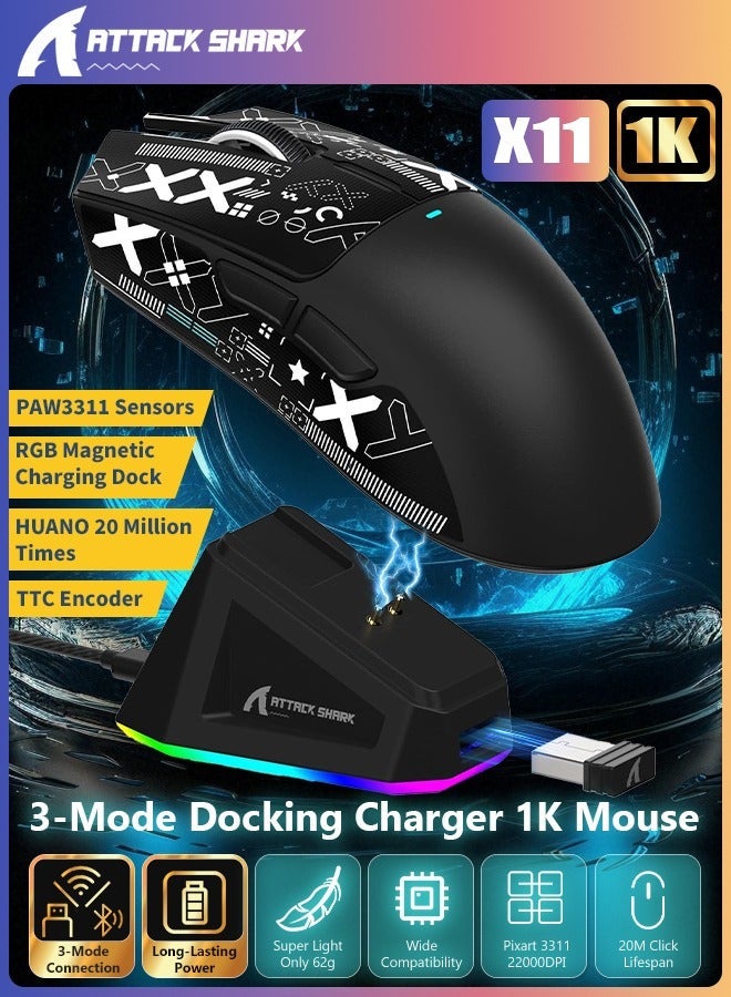 هجوم القرش ماوس ألعاب لاسلكي X11 ثلاثي الأوضاع مزود بقاعدة شحن مغناطيسية، ماوس خفيف الوزن مضاد للانزلاق، مستشعر PixArt PAW3311، دقة 22 ألف نقطة في البوصة، بلوتوث/2.4 جيجاهرتز/سلكي، لأجهزة الكمبيوتر الشخصية/ماك - Image 1