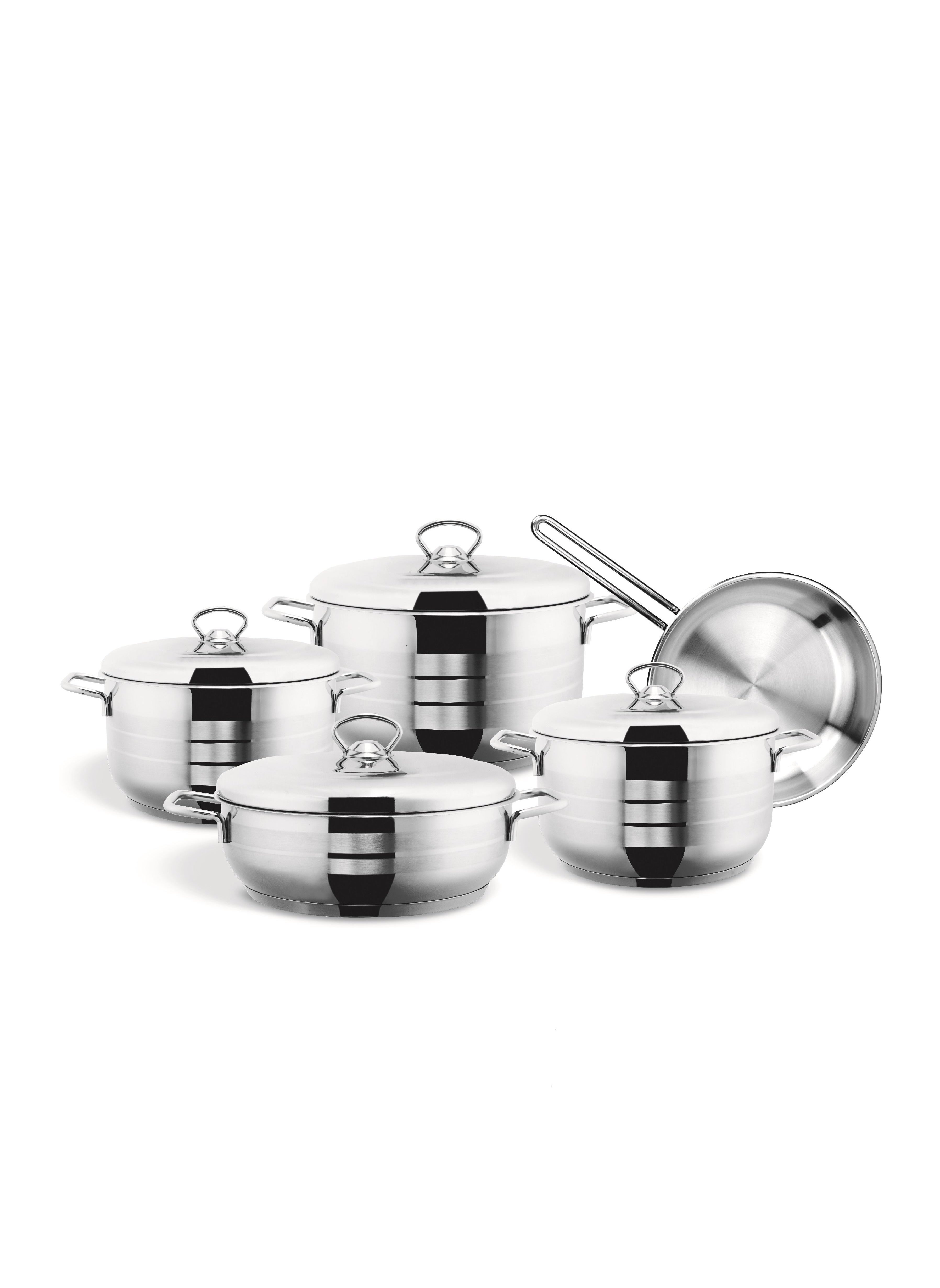 9-Piece Pera Stainless Steel Cookware Set - 3 Deep Pots - 1  Low Pot - 4 Stainless Steel Lids - 1 Frypan - High Grade 18/10 Cr/Ni Material 