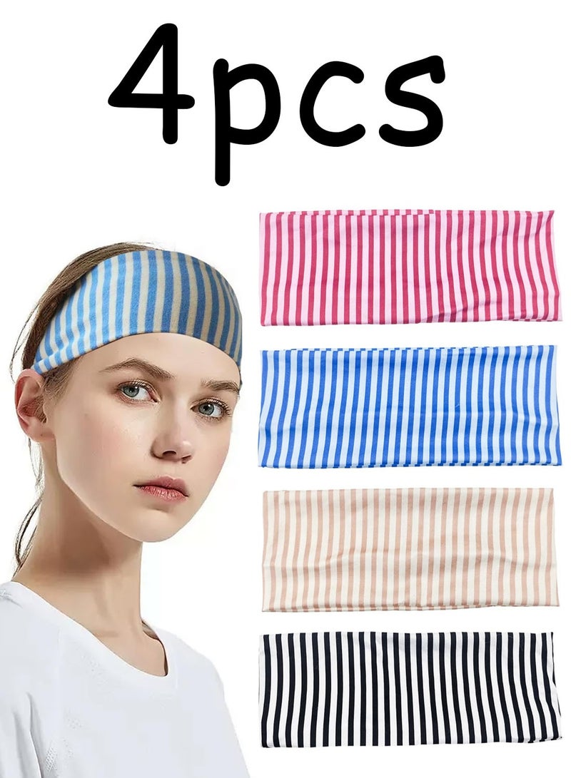 4PCS Striped Headbands for Women - Non-Slip Cotton Cloth Wide Elastic Stretchy Fashion Head Bands, Soft Fabric Hair Accessories for Yoga, Running, Workout - Image 1