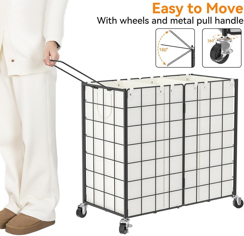 WOWLIVE Laundry Hamper with Wheels,Metal Wire Frame Rolling Laundry Basket 3 Section with Removable bags,150L Dirty Clothes Hamper Organizer Dorm Room Storage for Bedroom,Bathroom,Black and White - Image 5