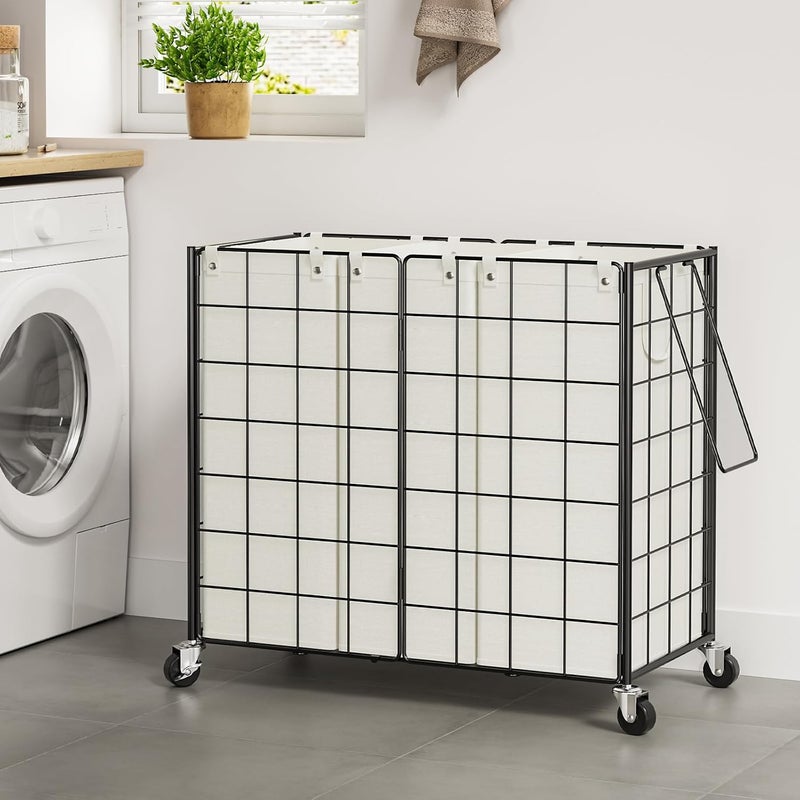 WOWLIVE Laundry Hamper with Wheels,Metal Wire Frame Rolling Laundry Basket 3 Section with Removable bags,150L Dirty Clothes Hamper Organizer Dorm Room Storage for Bedroom,Bathroom,Black and White - Image 3