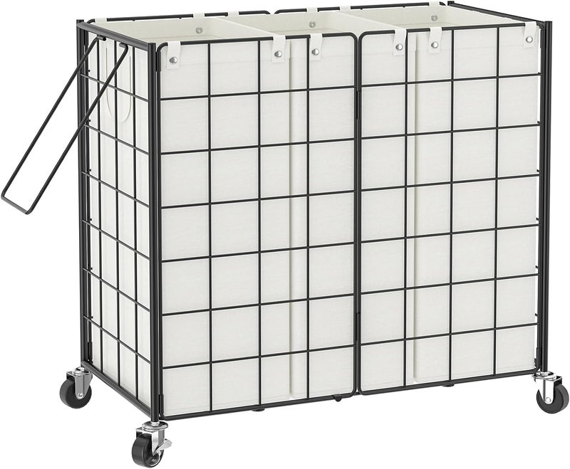 WOWLIVE Laundry Hamper with Wheels,Metal Wire Frame Rolling Laundry Basket 3 Section with Removable bags,150L Dirty Clothes Hamper Organizer Dorm Room Storage for Bedroom,Bathroom,Black and White - Image 1