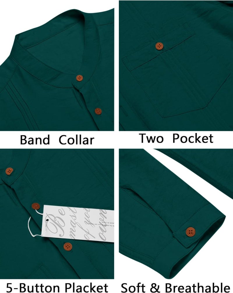 Macsivo Cotton Blend Solid Casual Short Kurta for Men Long Sleeve Mandarin Collar Stylish Shirt Kurta for Men Green - Image 4