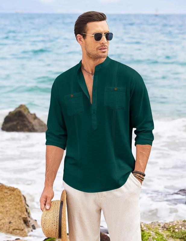 Macsivo Cotton Blend Solid Casual Short Kurta for Men Long Sleeve Mandarin Collar Stylish Shirt Kurta for Men Green - Image 5