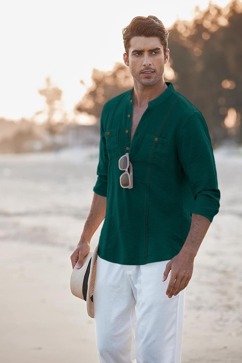 Macsivo Cotton Blend Solid Casual Short Kurta for Men Long Sleeve Mandarin Collar Stylish Shirt Kurta for Men Green - Image 3