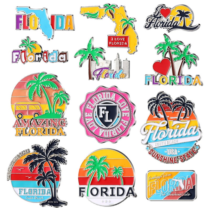 Konohan 12 Pcs Florida Magnets for Refrigerator Metal USA Fridge Magnet Magnetic Florida Souvenirs Gifts USA State Magnetic Refrigerator Stickers Coconut Tree Map