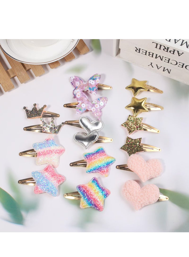 مشابك شعر للبنات - 8 أزواج من مشابك ودبابيس شعر على شكل نجمة وتاج وقلب وفراشة - ملحقات معدنية لتصفيف شعر الأطفال