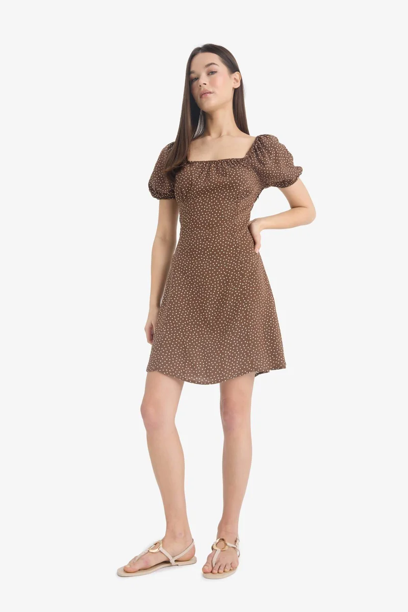 ديفاكتو Square Collar Printed Viscose Mini Dress