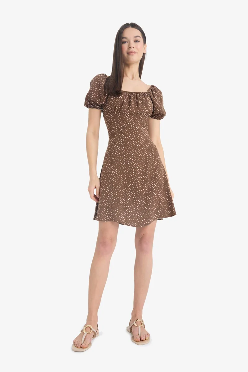 ديفاكتو Square Collar Printed Viscose Mini Dress