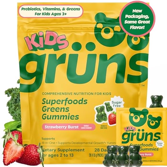 Grüns Gruns Multivitamin for Kids, Sugar-Free, Super Greens Superfood Gummy Bears with 20 Vitamins & Minerals, Alfalfa, Spirulina, Chlorella, Prebiotics Fiber for Digestive Health, Adaptogens, 28 ct - Image 1