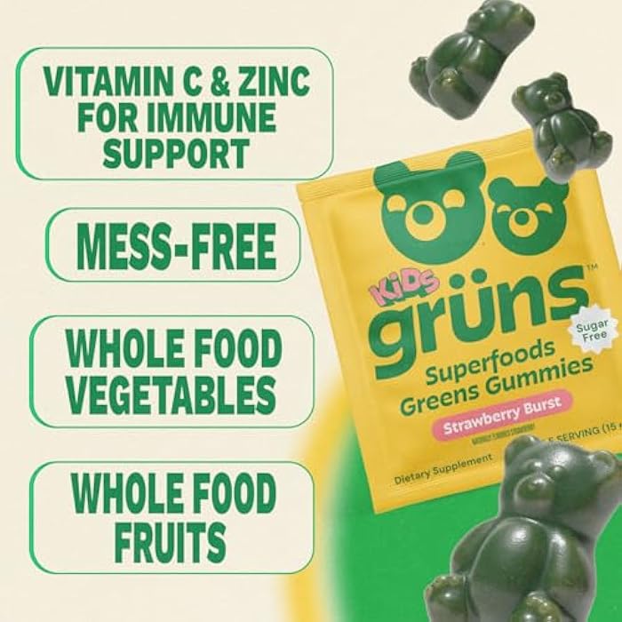 Grüns Gruns Multivitamin for Kids, Sugar-Free, Super Greens Superfood Gummy Bears with 20 Vitamins & Minerals, Alfalfa, Spirulina, Chlorella, Prebiotics Fiber for Digestive Health, Adaptogens, 28 ct - Image 5