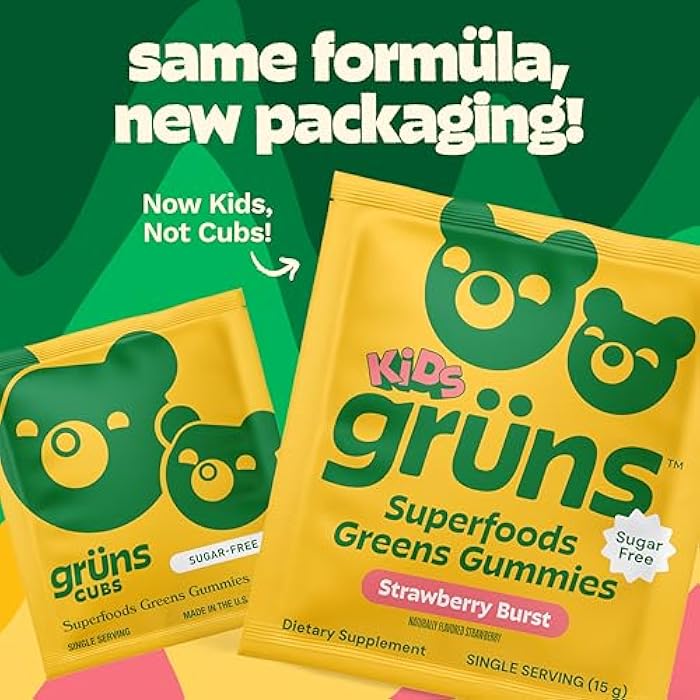 Grüns Gruns Multivitamin for Kids, Sugar-Free, Super Greens Superfood Gummy Bears with 20 Vitamins & Minerals, Alfalfa, Spirulina, Chlorella, Prebiotics Fiber for Digestive Health, Adaptogens, 28 ct - Image 3