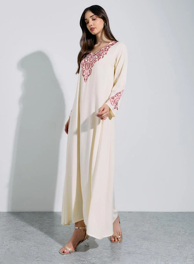 Amirah Cream Embroidered Long Sleeves V-Neck Maxi Jalabiya with Solid Scarf