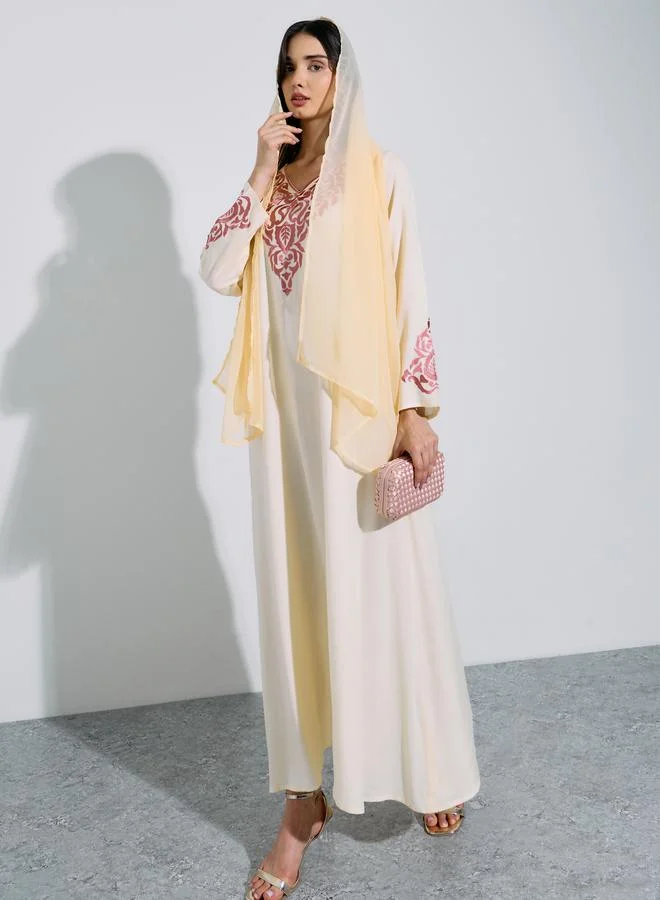 Amirah Cream Embroidered Long Sleeves V-Neck Maxi Jalabiya with Solid Scarf