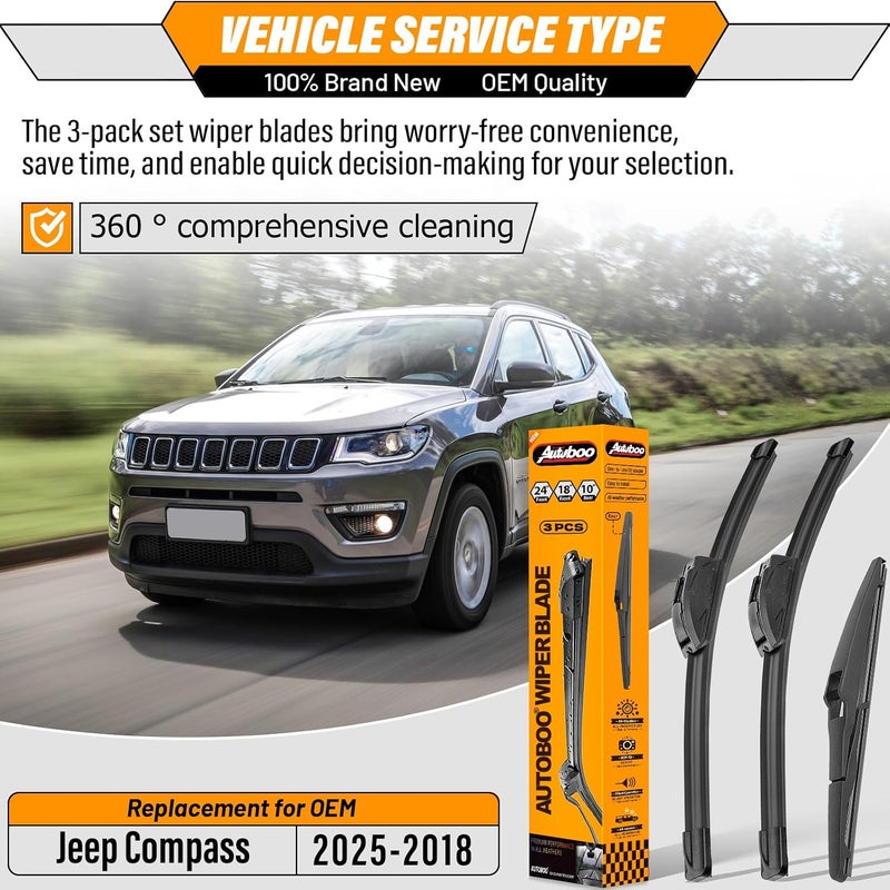 AUTOBOO 24"+18" Windshield Wipers with 10" Rear Wiper Blade Replacement for Jeep Compass 2018 2019 2020 2021 2022 2023 2024 2025 -Original Factory Quality (Pack of 3) - Image 2
