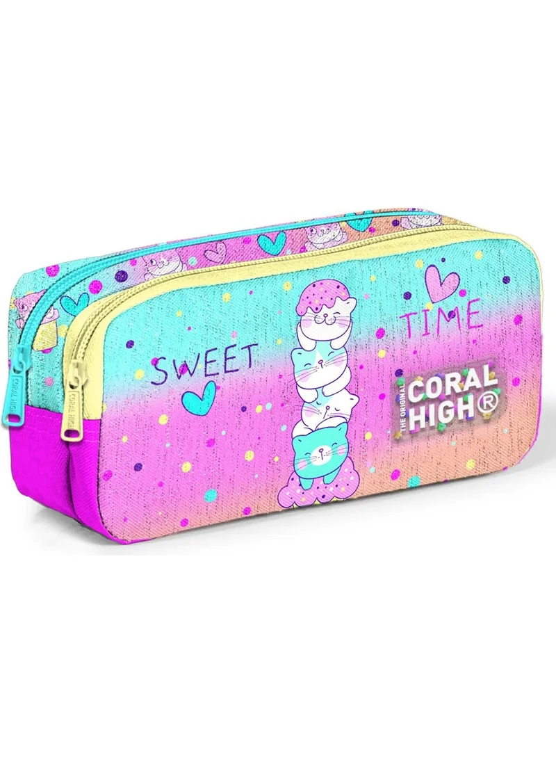 CORAL HIGH Kids Colorful Ice Cream Cat Pattern Two Compartment Pencil Bag 12081