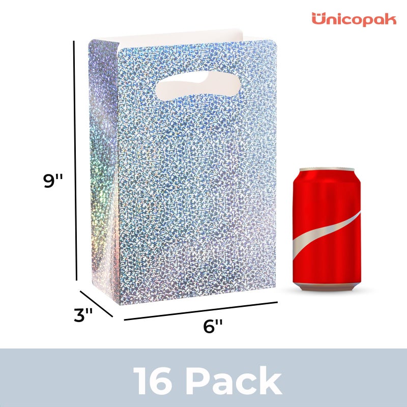 UnicoPak 16 Pack Premium Iridescent Party Favor Bags - 6x3x9 Glitter Goodie Bags for Birthday Party, Wedding - Sturdy Holographic Gift Bags with Auto-lock Bottom, Customizable for Treats & Cookies - Image 2