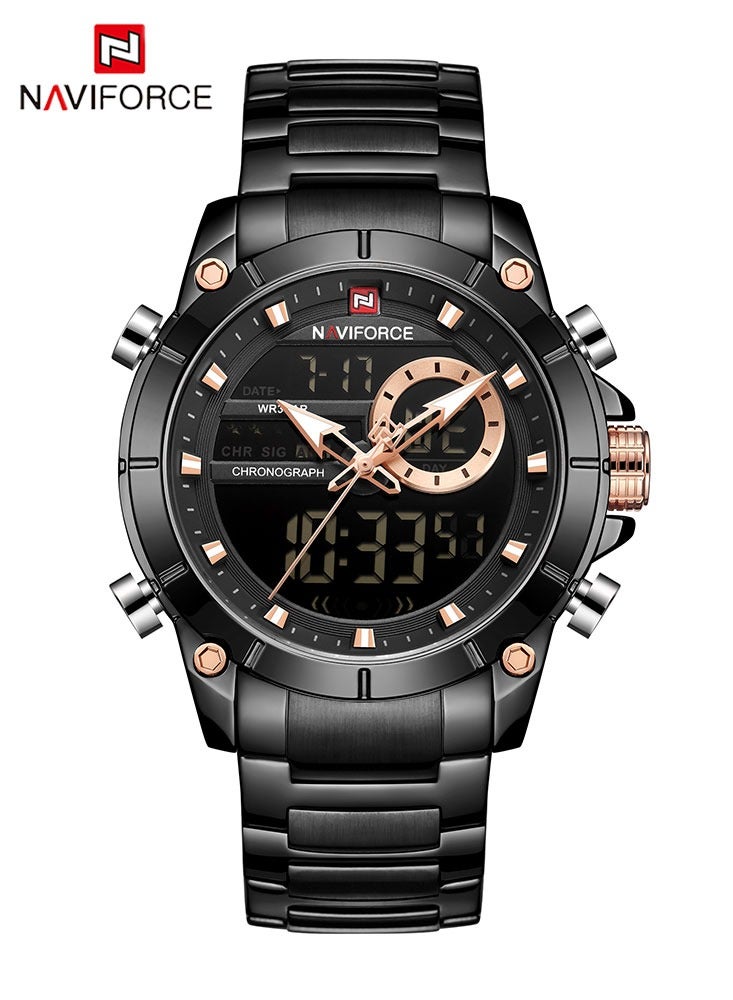نافيفورس ساعة NAVIFORCE كوارتز أصلية فاخرة للرجال من الفولاذ المقاوم للصدأ مقاومة للماء وشاشة عرض مزدوجة عسكرية LED رقمية - Image 2