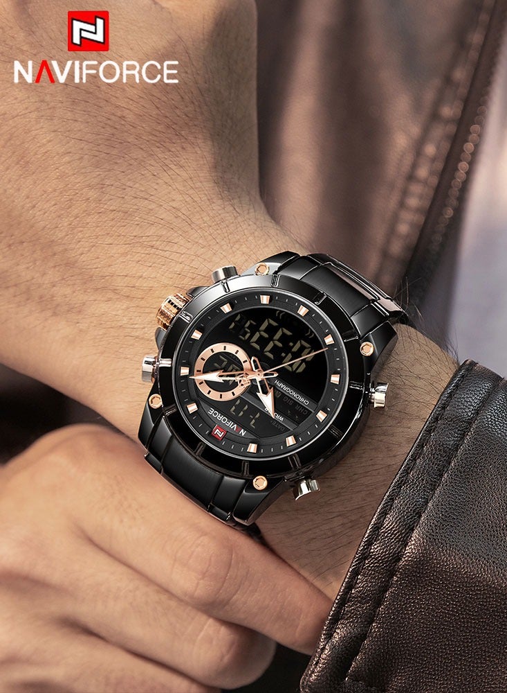 نافيفورس ساعة NAVIFORCE كوارتز أصلية فاخرة للرجال من الفولاذ المقاوم للصدأ مقاومة للماء وشاشة عرض مزدوجة عسكرية LED رقمية - Image 3