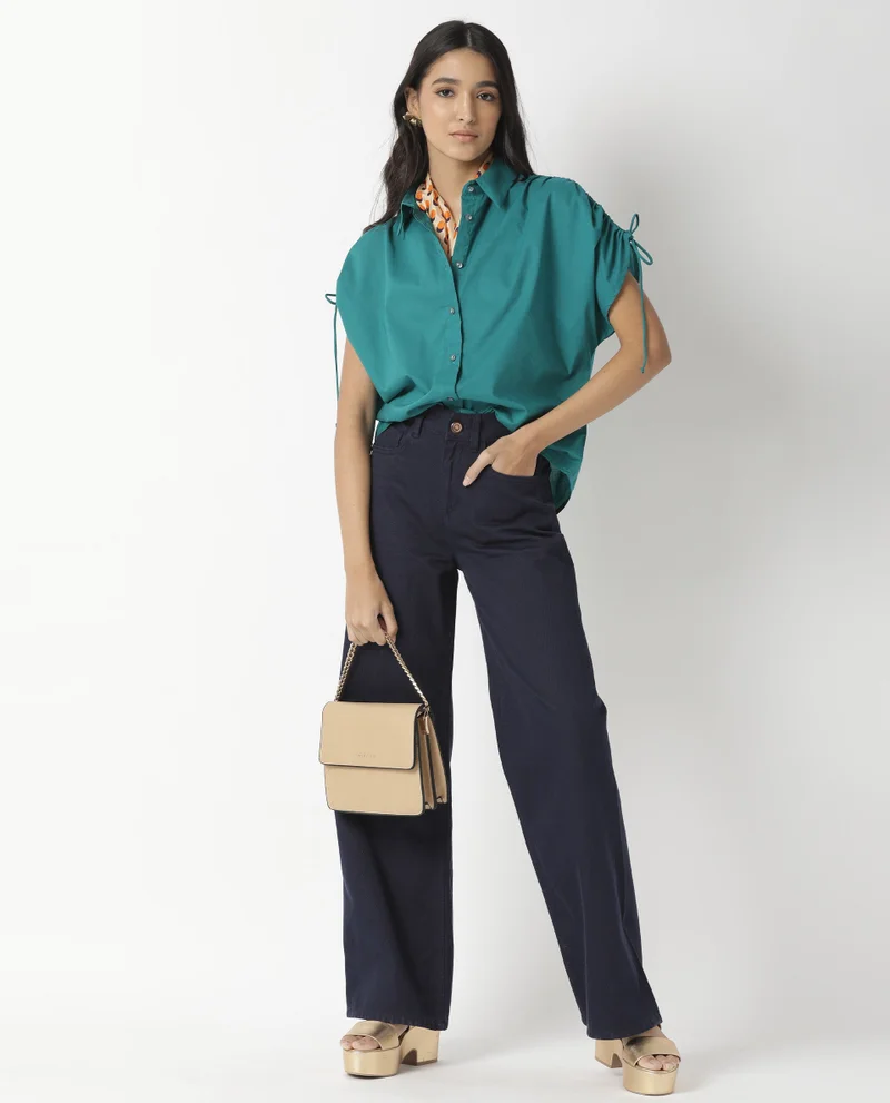 Rareism Women's Drawcord Sleeve Detail Boxy Fit Top