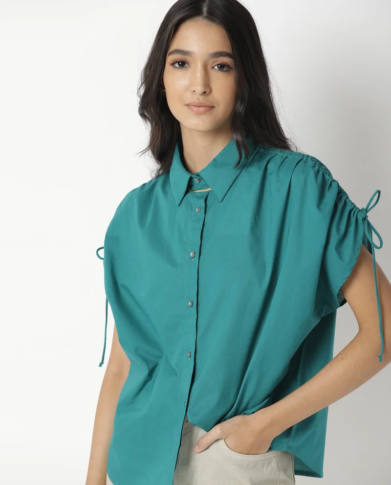 Rareism Women's Drawcord Sleeve Detail Boxy Fit Top