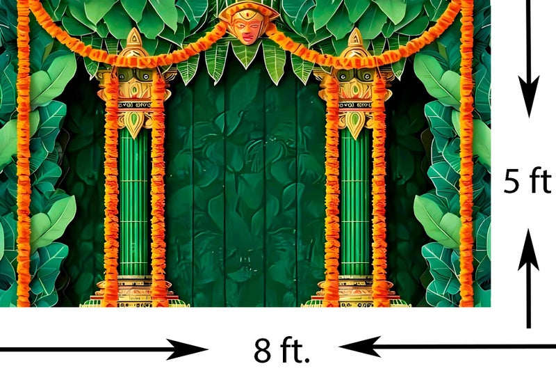NK Textiles Green Banana Leaf Backdrop Cloth for Pooja Decoration Traditional, Background Decoration Cloth for Pooja Background, Curtain Cloth for Festival Fabric (Size-5x8 ft) (Printed) - Image 2