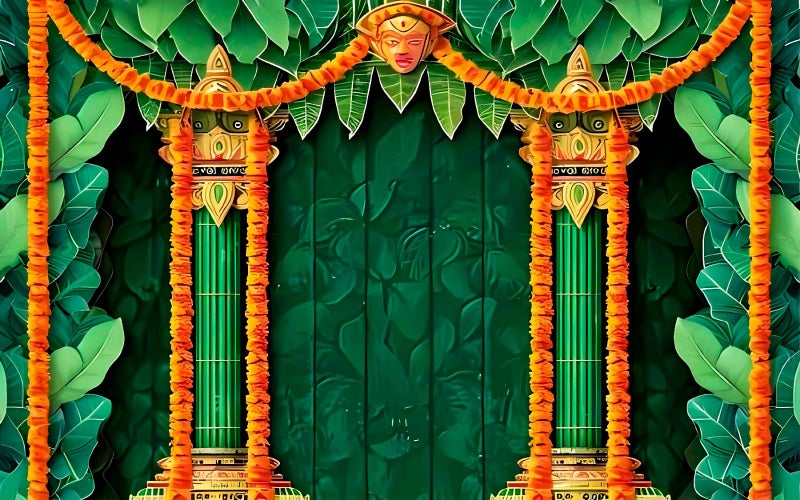 NK Textiles Green Banana Leaf Backdrop Cloth for Pooja Decoration Traditional, Background Decoration Cloth for Pooja Background, Curtain Cloth for Festival Fabric (Size-5x8 ft) (Printed) - Image 4