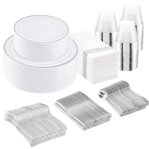 I00000 350Pcs Silver Plastic Dinnerware Set, Plastic Plates Disposable for 50 Guests Include: 100 Silver Rim Plates, 50 Paper Napkins, 50 Cups, 50 Plastic Silverware Set Perfect for Party & Wedding - Image 1