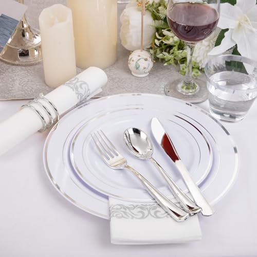 I00000 350Pcs Silver Plastic Dinnerware Set, Plastic Plates Disposable for 50 Guests Include: 100 Silver Rim Plates, 50 Paper Napkins, 50 Cups, 50 Plastic Silverware Set Perfect for Party & Wedding - Image 5